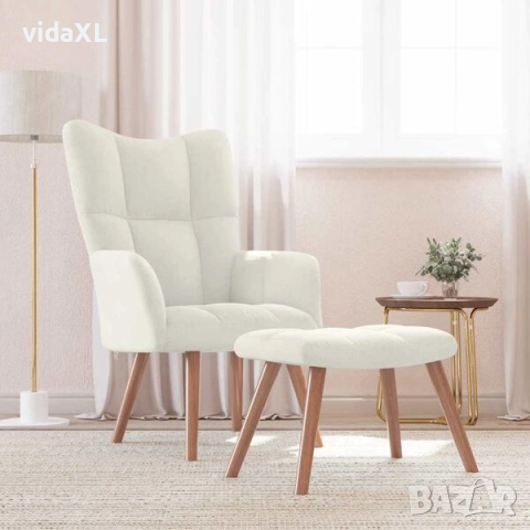 vidaXL Релакс стол с табуретка, кремаво-бял, кадифе(SKU:328071​), снимка 2 - Столове - 52921167