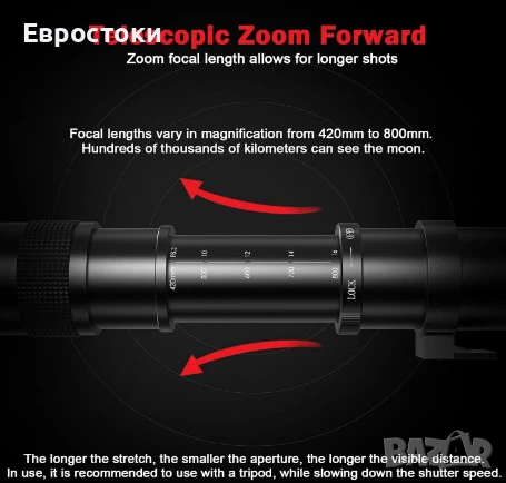 BENOISON 420-800 мм F8.3-16 супер телеобектив с вариометър и ръчно фокусиране, за фотоапарати DSLR , снимка 6 - Обективи и филтри - 50853934