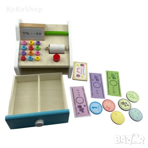 Детски дървен касов апарат-16.5x16x13 см., снимка 2 - Образователни игри - 52380703