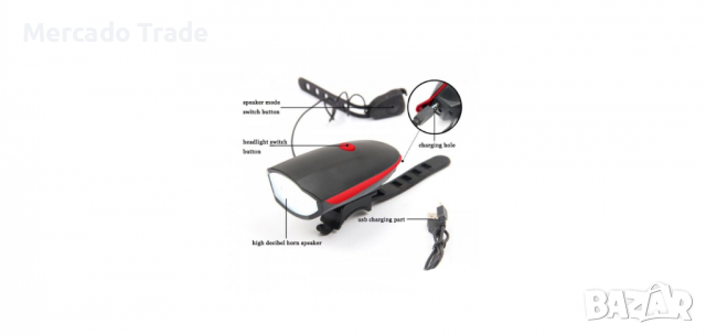 Фар за велосипед, Със сирена, USB, Акумулаторна батерия, Черен, снимка 2 - Аксесоари за велосипеди - 36254686