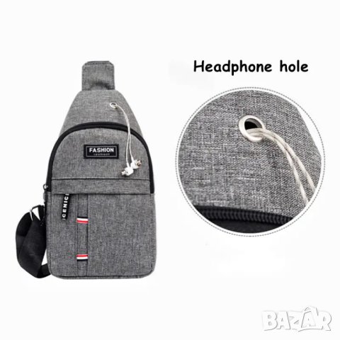 Мъжка чанта, чантичка за пред гърди чанта през рамо, или гръб, черна и сива с отвор за кабел, раница, снимка 3 - Чанти - 41435936