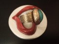 Винтидж дизайнерски сребърен пръстен с естествен тюркоаз и позлата, снимка 2