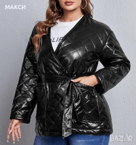 Макси модерно кожено яке/сако с вата, свалящ се колан и джобове в черно, снимка 1