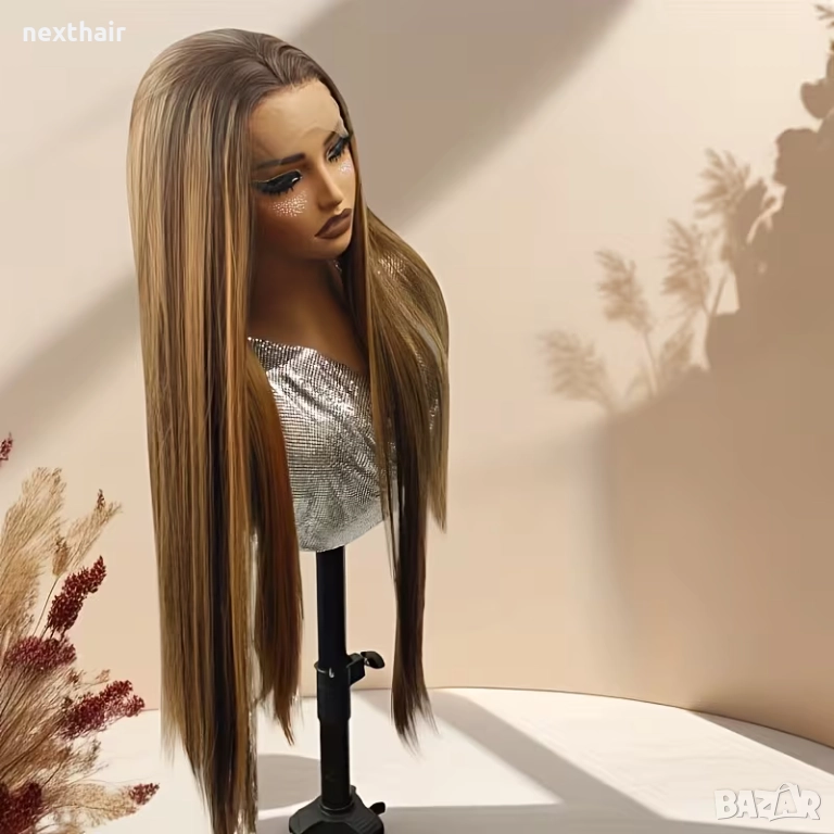 80 см блясък ✨ Кестенява синтетична перука с руси кичури и дантела 13×4, снимка 1