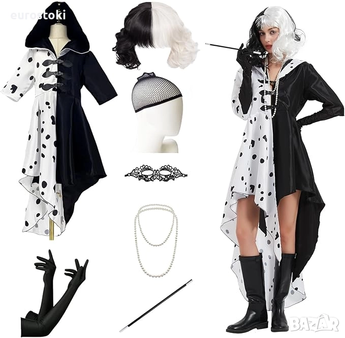 Дамски костюм на Круела Девил,  с рокля, перука, мрежа за коса, ръкавици, перлена огърлица, маска, снимка 1