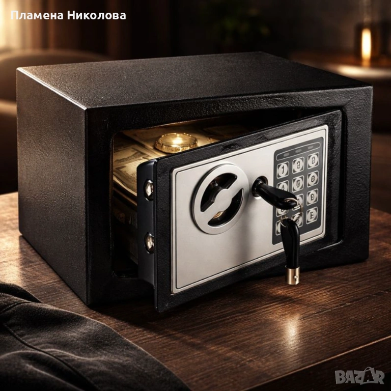 Електронен сейф с кодова клавиатура и резервен механичен ключ – 4.6L, включени батерии и монтажни бо, снимка 1