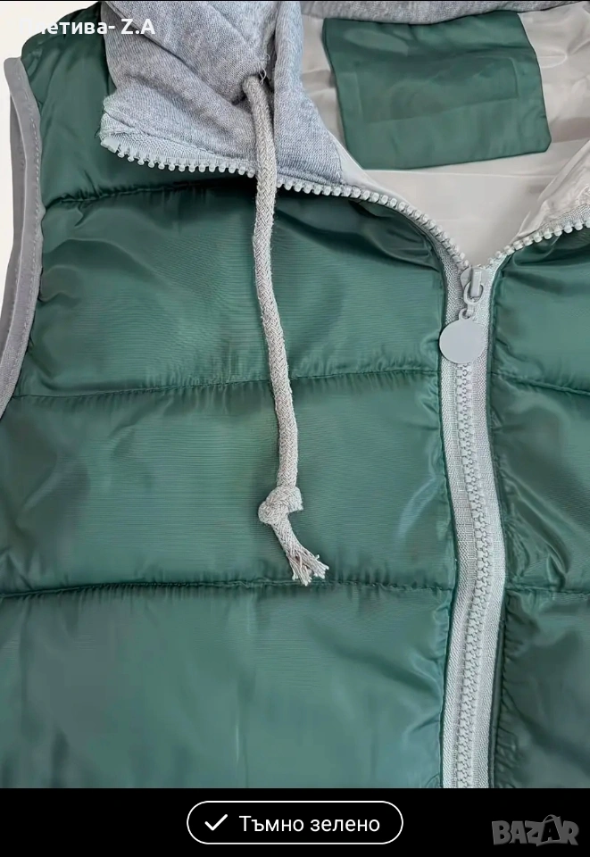 Дамски елек с качулка тъмно зелен, снимка 1
