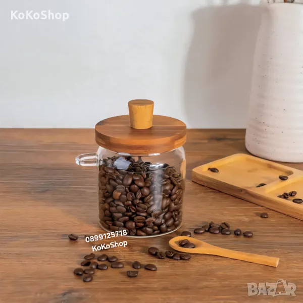 Буркан с бамбуков капак и лъжичка-500 мл._/буркан за кафе/буркан за подправкиСтъклен буркан с капак , снимка 1