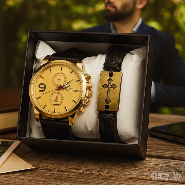 Мъжки комплект Geduo – елегантен часовник със златист циферблат и кожена гривна в подаръчна кутия, снимка 1