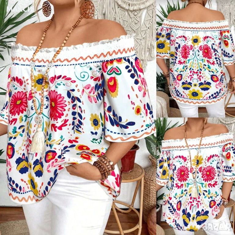 Макси разкошна ефирна блуза с ластична горна част и отворени рамене в красив флорален десен, снимка 1