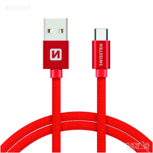 Кабел SWISSTEN TEXTILE, USB към USB-C, 1.2 M, червен, снимка 1