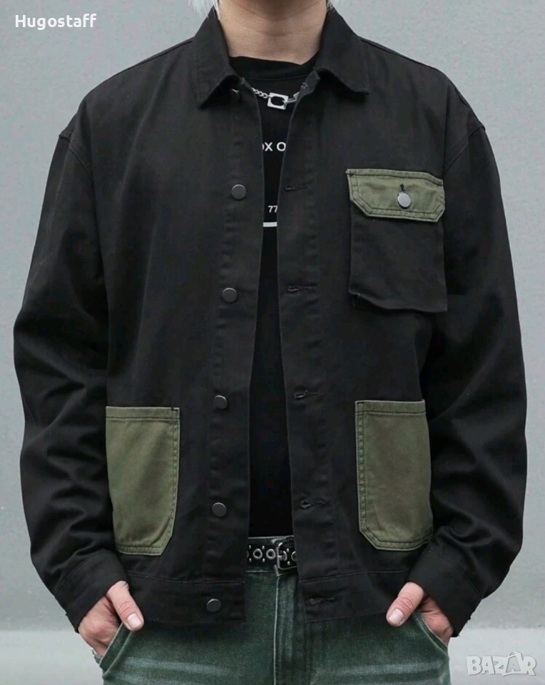 Ново мъжко карго дънково яке риза черно военни джобове деним памук XХЛ, снимка 1