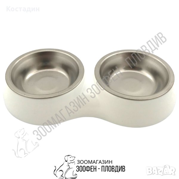 Двойна Пластмасова Купа с Две Купи Инокс - за Куче/Коте - Бял цвят, снимка 1