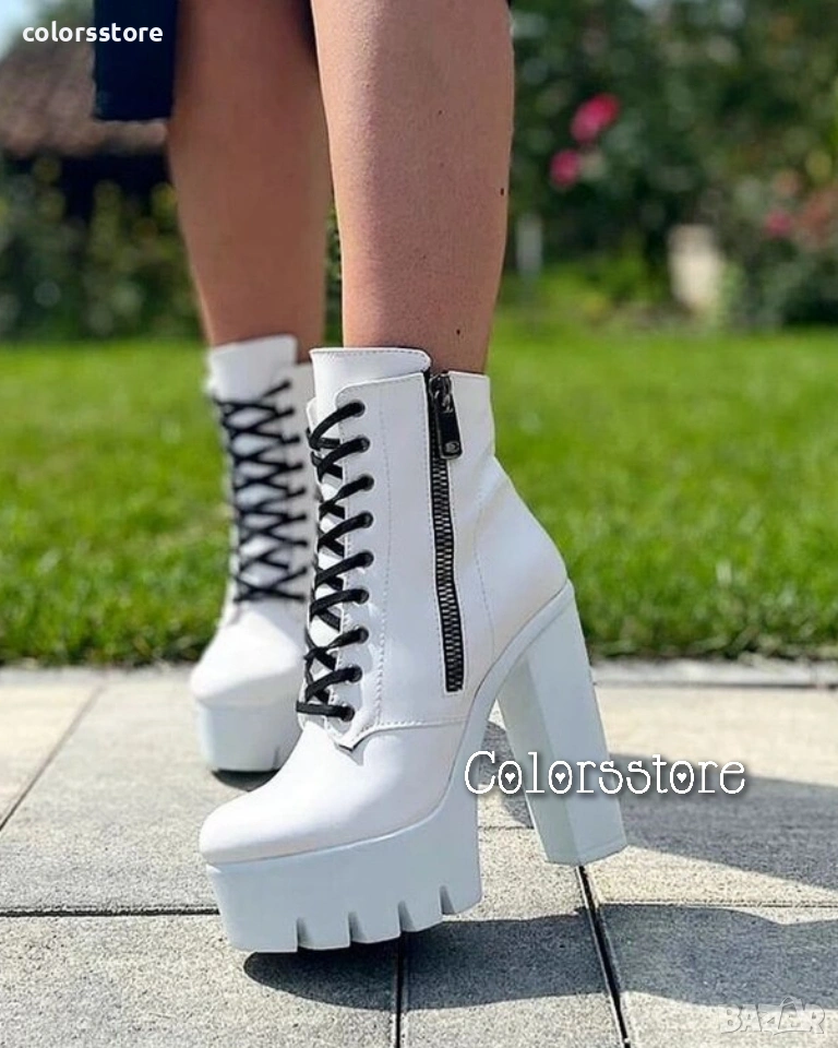 Боти на ток - бяла кожа с бяло ходило (черни връзки) - BT13, снимка 1