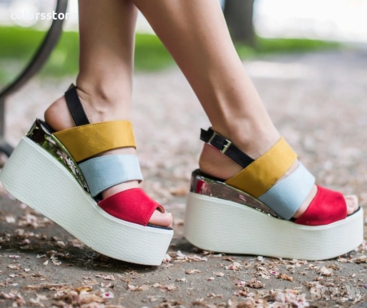 Сандали на платформа - червено, синьо и жълто - 344, снимка 1