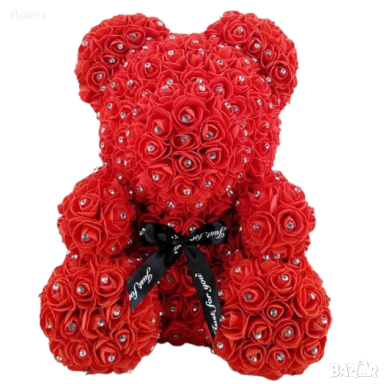 Луксозно мече от рози покрито с блестящи камъчета в елегантна подаръчна кутия, снимка 1