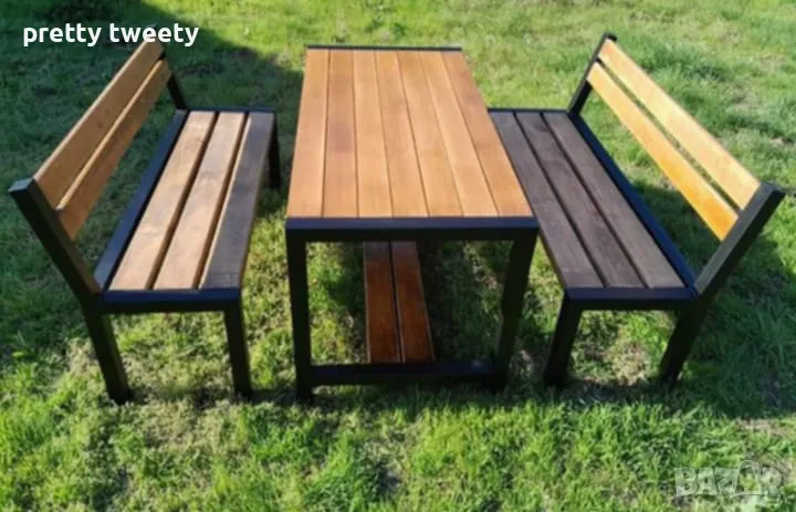 Градински комплект от метал и дърво - маса с две пейки, снимка 1