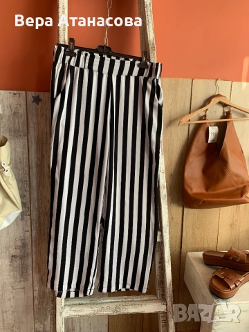 💄 Широк панталон на Бяло и черно райе🤍 л/хл🍉, снимка 2 - Панталони - 51516925