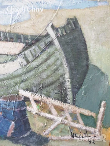 69х58см/стара картина масло върху платно/морски пейзаж/рибарски лодки/1972/дървена рамка, снимка 5 - Картини - 51218251