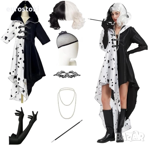 Дамски костюм на Круела Девил,  с рокля, перука, мрежа за коса, ръкавици, перлена огърлица, маска