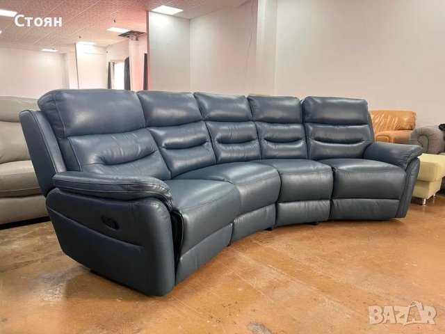 Син кожен извит диван четворка с ръчен релаксиращ механизъм, снимка 5 - Дивани и мека мебел - 39973097