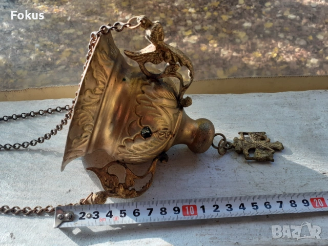 Старо бронзово висящо кандило кадило тамянник, снимка 5 - Антикварни и старинни предмети - 53270812