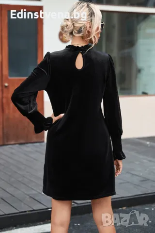 Дамска къса рокля кадифе с дълъг ръкав в черно, снимка 2 - Рокли - 47891860