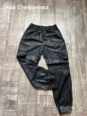  Нов черен еластичен ежедневен елегантен кожен панталон висока талия ластик на кръста , снимка 3 - Панталони - 37486523