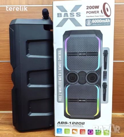 🔊 ABS-12202 – 12”×2 Xbass 200W 6000mah-50лв Професионална караоке тонколона, Bluetooth, 2 микрофонa, снимка 17 - Караоке - 51831246