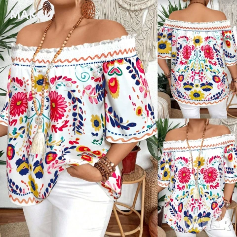 Макси разкошна ефирна блуза с ластична горна част и отворени рамене в красив флорален десен