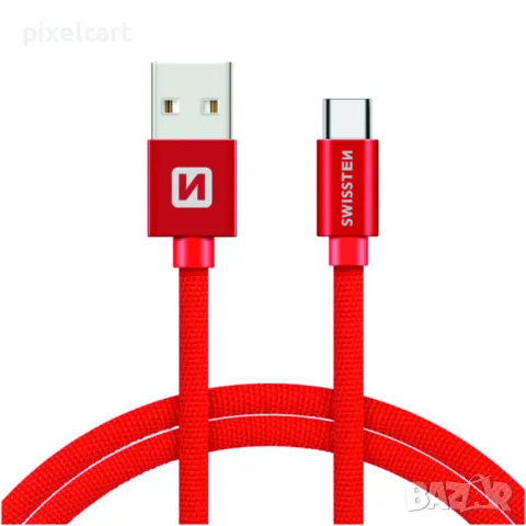 Кабел SWISSTEN TEXTILE, USB към USB-C, 1.2 M, червен, снимка 1