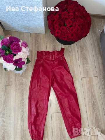 Нови кожени червени панталони тип лек потур висока талия бордо , снимка 3 - Панталони - 41044644