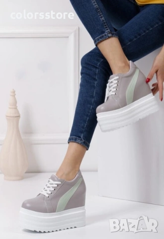 Кецове на платформа - сиви със зелена лента - SJN56