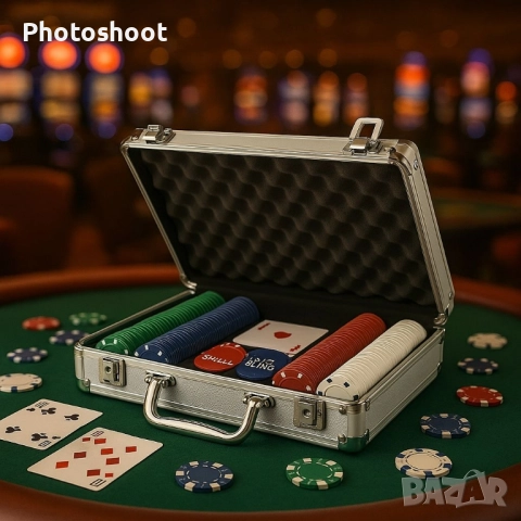 Професионален покер сет в алуминиево куфарче – 200 чипа + аксесоари