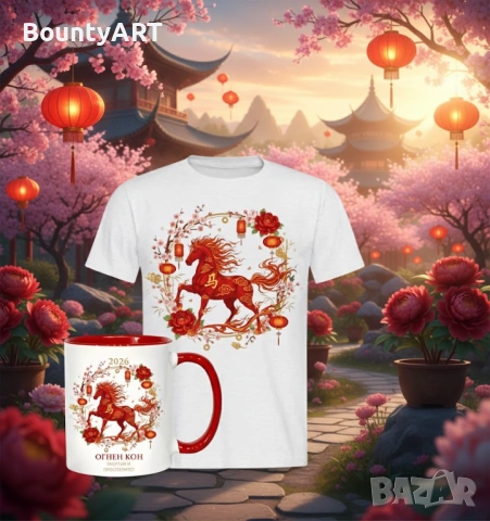 Комплект Тениска и Чаша „Огнен Кон 2026“ – Персонализиран Подарък
