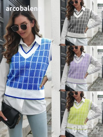 Дамски моден кариран пуловер с V-образно деколте, 4цвята - 023