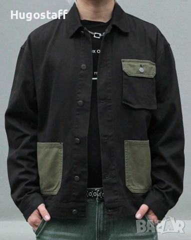 Ново мъжко карго дънково яке риза черно военни джобове деним памук XХЛ