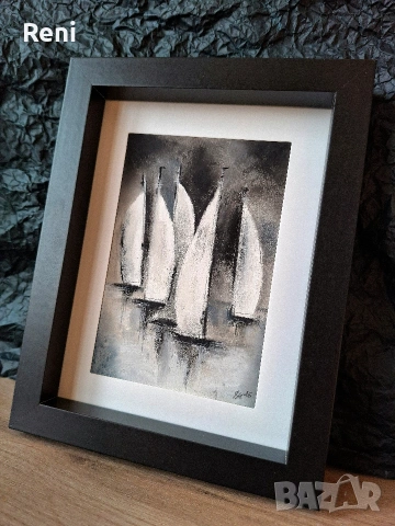 Лодки, въглен, малка картина, оригинал, снимка 2 - Картини - 53692488