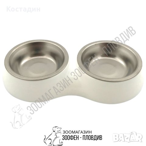 Двойна Пластмасова Купа с Две Купи Инокс - за Куче/Коте - Бял цвят