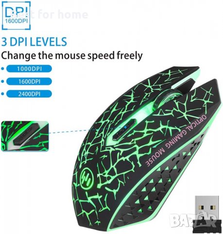  LED оптична гейминг мишка с USB приемник, 3 регулируеми DPI нива и 6 бутона,акумулаторна,безшумна, снимка 3 - Клавиатури и мишки - 40006796