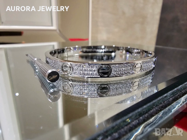 CARTIER Love Paved Silver Classic Diamonds Гривна с Отверка, снимка 5 - Гривни - 53029556