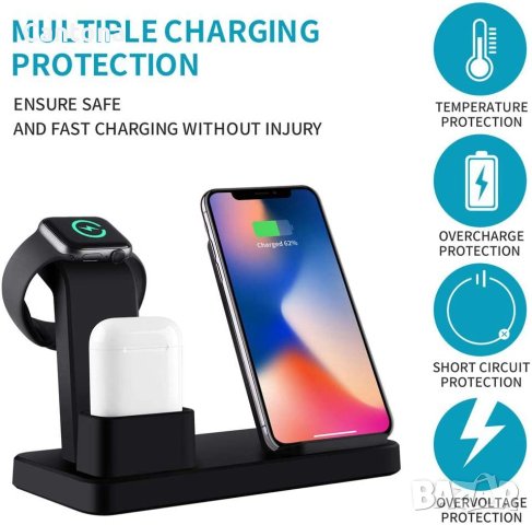 3 в 1 стойка за безжично зареждане на iPhone, Apple Watch, Airpods, 10W Qi бързо зареждане Dock Pad , снимка 3 - Аксесоари за Apple - 40531823