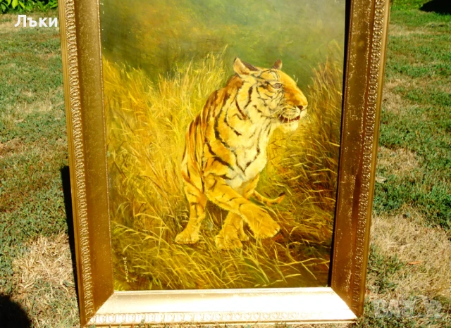 Картина Тигър,масло върху фазер,подпис,рамка. 