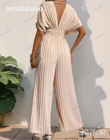 Дамски плисиран широк гащеризон с V-образно деколте, снимка 4 - Гащеризони - 49594223