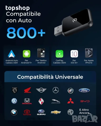 WityEye 2 В 1 Android и Carplay адаптер, Bluetooth V5.3, 5,8GHz WiFi/USB C/A, за iOS10+, Android 11+, снимка 3 - Аксесоари и консумативи - 50511326