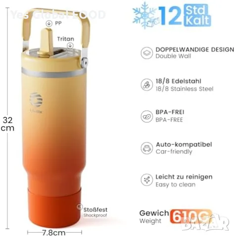 Fjbottle термобутилка 1200 мл със сламка – BPA Free
