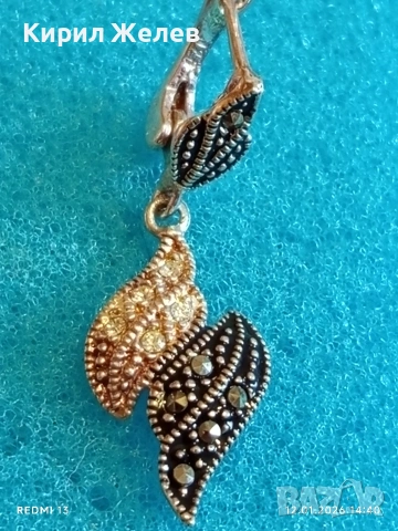 Висящи сребърни обеци с двуцветен дизайн тип листо инкростация на кристали Маркезит 52735, снимка 5 - Обеци - 53073251