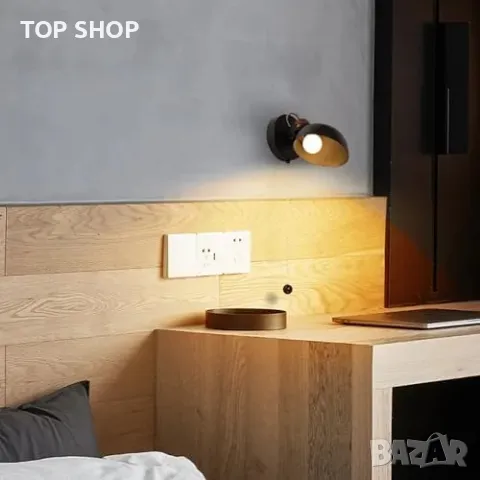 Нова Черна стенна лампа с дървена основа и издърпващ ключ, E14 база, снимка 3 - Лампи за стена - 49307246