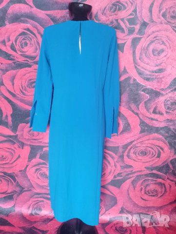 Наситено синя елегантна дълга рокля с голяма цепка и дълъг ръкав ХЛ, снимка 3 - Рокли - 42649189