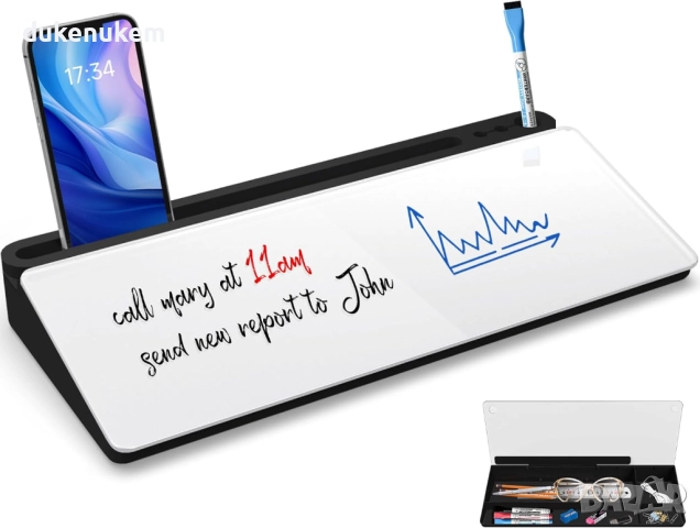 Стъклена дъска за бюро с органайзер, бяла, с маркери и чекмедже за офис и home office